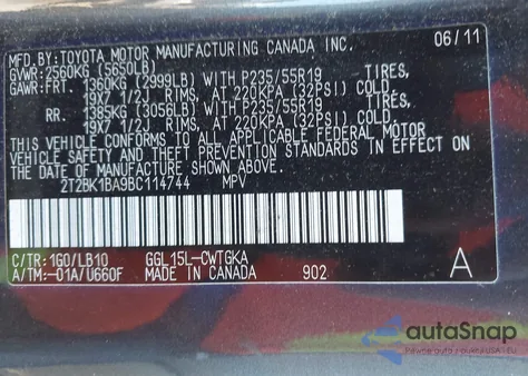 2011 Lexus Rx 350 from USA, damaged, VIN 2T2BK1BA9BC114744